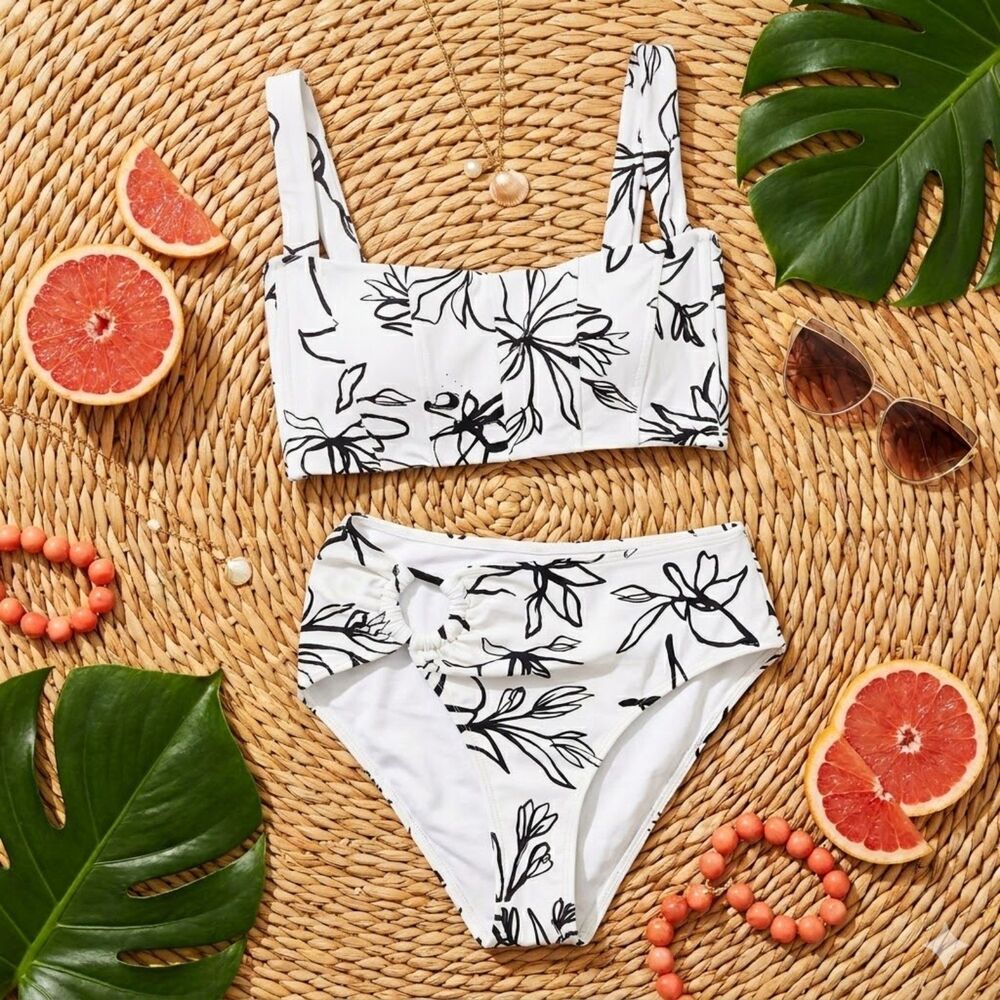 Revel Rey NWOT White Floral Asymmetrical Bikini Small High Cut Structured Set